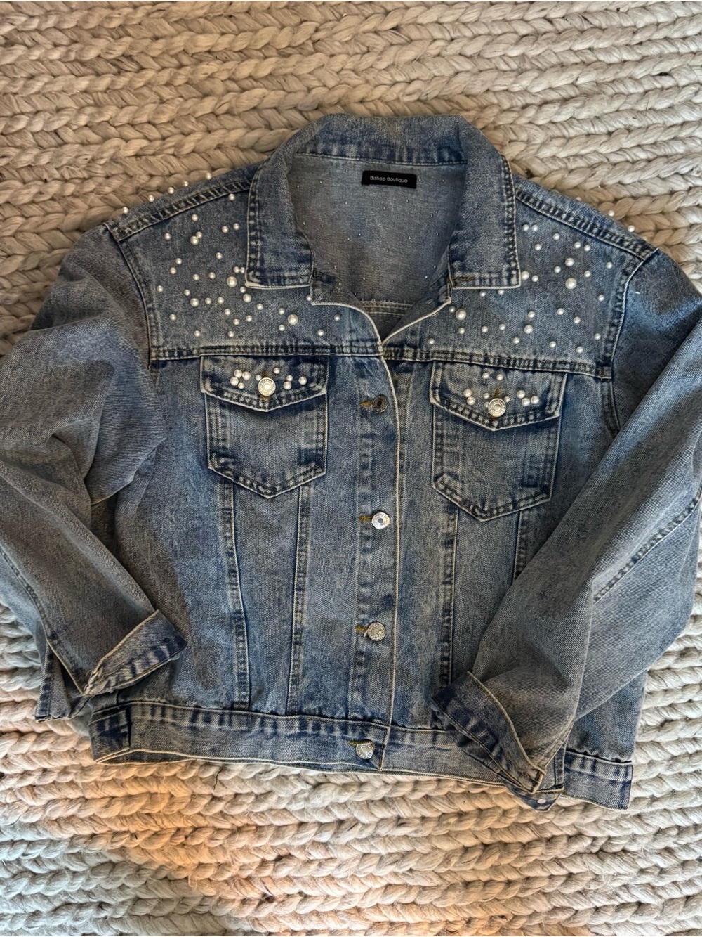 Denim Pearl-Embellished Jacket - Blue